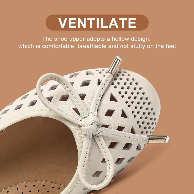 Summer Slip-on Shoes Flat Hollow Comfortable Woman Shoes Genuine Leather Soft Bottom White Breathable Mule Women's Moccasins 41