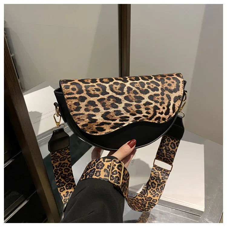 Wide Strap Leopard Print Crossbody Bags For Women, Fashion Designer Shoulder Bag For Daily Used, Versatile Ladies Handbags