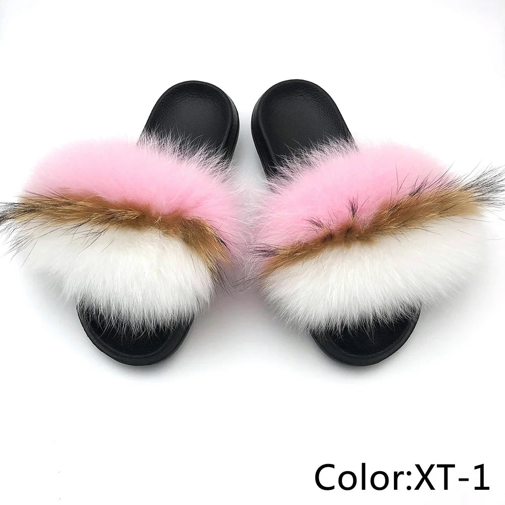 SARSALLYA Fur Slippers Women Real Fox Fur Slides Home Furry Flat Sandals Female Cute Fluffy House Shoes Woman Brand Luxury 2024