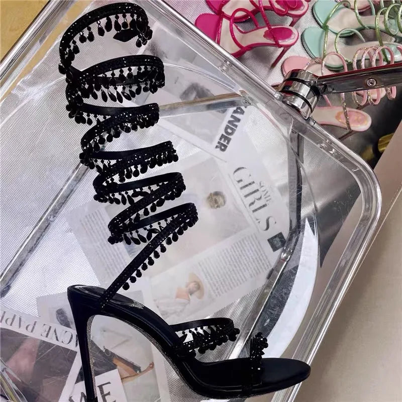 2025 Women's New Rhinestone Sandals Fashion Tassel Crystal Shoes Sexy Nightclub Banquet Party Twining Stiletto Women's Sandals
