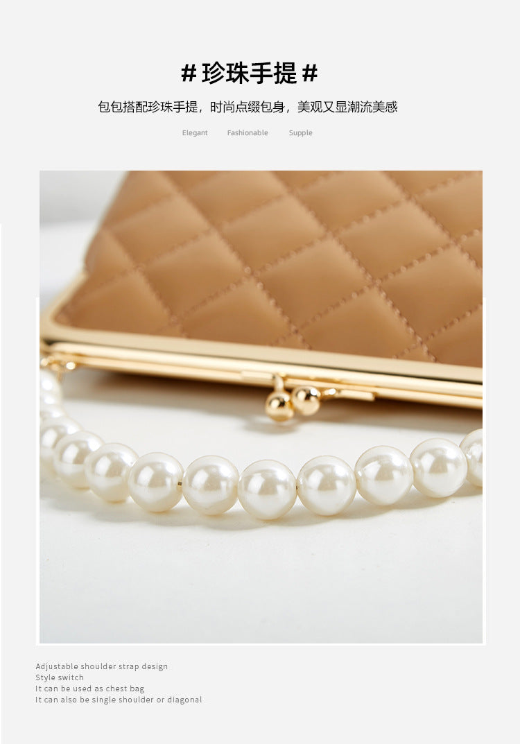 New Fashion Versatile Lingge Embroidery Clip Chain Strap Crossbody Mobile Phone Bag Pearl Handheld Women's Bag
